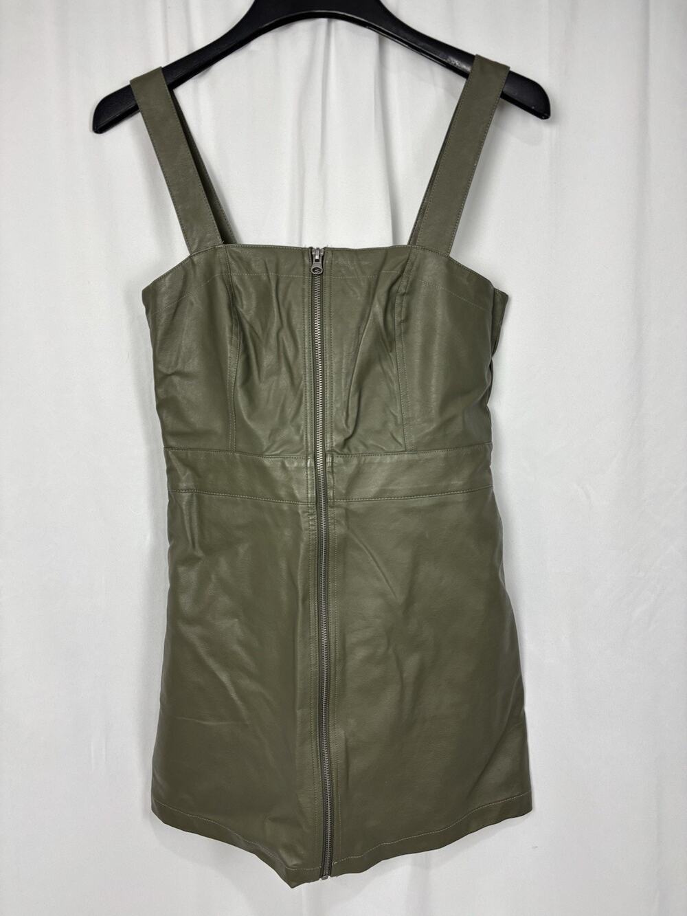NWT Wild Fable Women’s S Faux Leather Zip Front Mini Pinafore Dress Olive Green